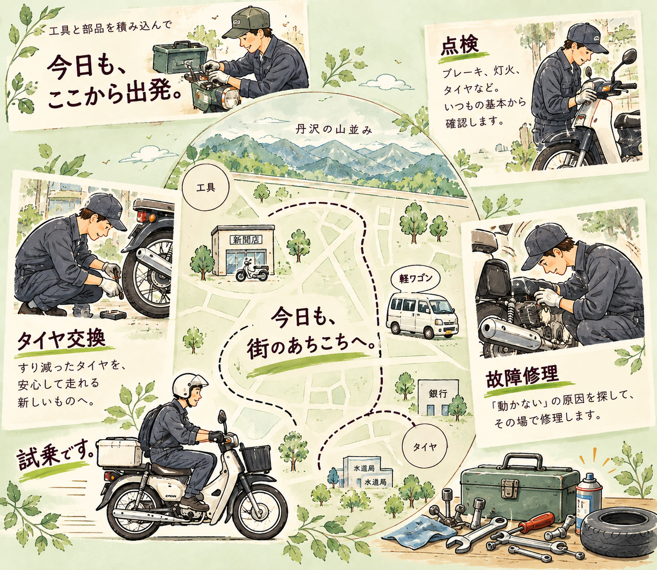 バイク出張メンテナンスの仕事内容を紹介するイラスト